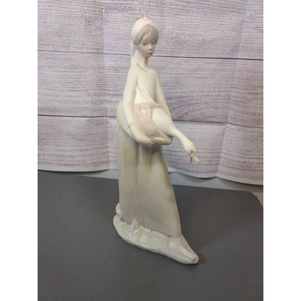 Tang Porcelain Maiden & Goose Figurine Handmade in Spain RARE 1960s